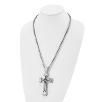 Chisel Stainless Steel Brushed and Polished Necklace with Black Enamel Large Cross Pendant on a Box Chain, 24" view 4