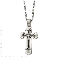 Chisel Stainless Steel Brushed and Polished Necklace with Black Enamel Large Cross Pendant on a Box Chain, 24" view 3