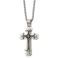Chisel Stainless Steel Brushed and Polished Necklace with Black Enamel Large Cross Pendant on a Box Chain, 24" view 1