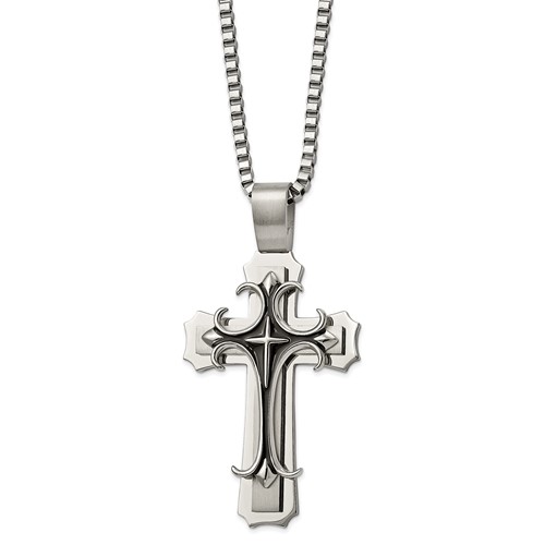 Chisel Stainless Steel Brushed and Polished Necklace with Black Enamel Large Cross Pendant on a Box Chain, 24"