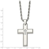 Chisel Stainless Steel Polished Necklace with CZ Cross Pendant on a Rope Chain, 24" view 3