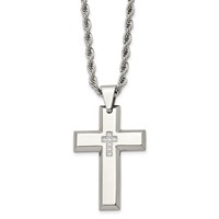Chisel Stainless Steel Polished Necklace with CZ Cross Pendant on a Rope Chain, 24" view 1