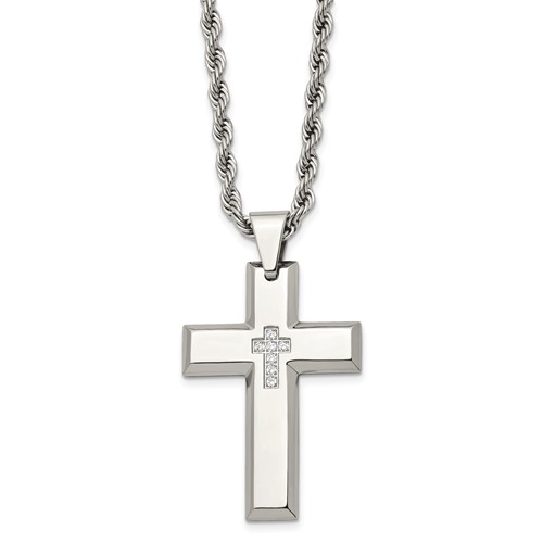 Chisel Stainless Steel Polished Necklace with CZ Cross Pendant on a Rope Chain, 24"