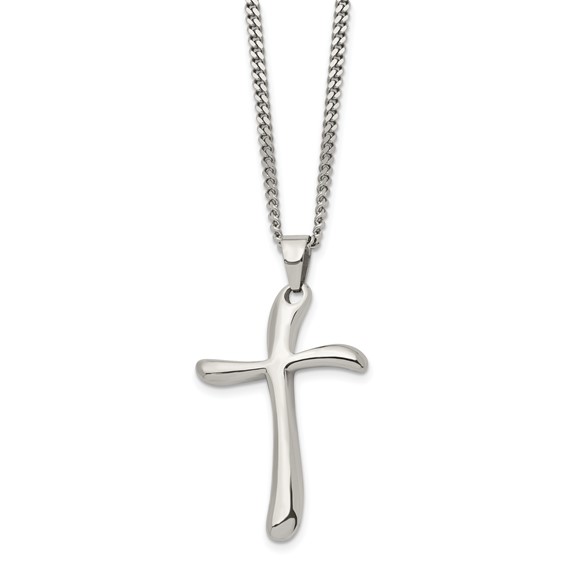 Chisel Stainless Steel Polished Wavy Cross Pendant on a 22 inch Curb Chain Necklace