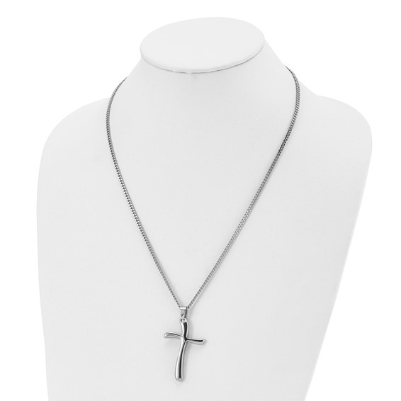 Chisel Stainless Steel Polished Wavy Cross Pendant on a 22 inch Curb Chain Necklace