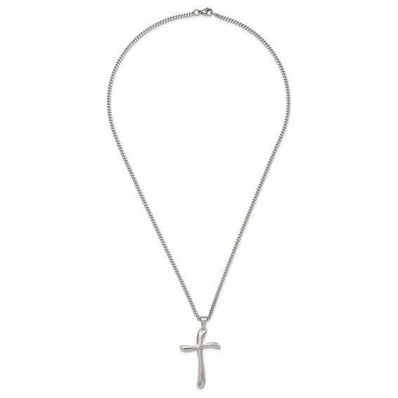 Chisel Stainless Steel Polished Wavy Cross Pendant on a 22 inch Curb Chain Necklace