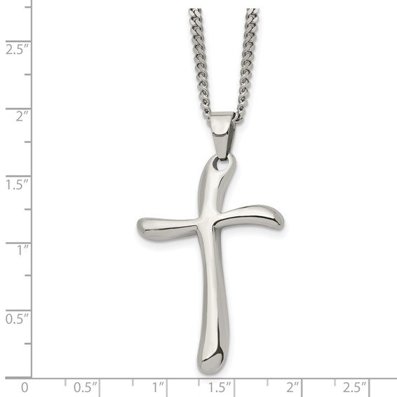 Chisel Stainless Steel Polished Wavy Cross Pendant on a 22 inch Curb Chain Necklace