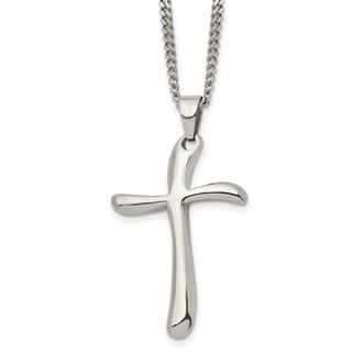 Chisel Stainless Steel Polished Wavy Cross Pendant on a 22 inch Curb Chain Necklace