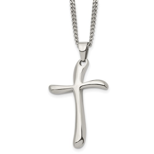 Chisel Stainless Steel Polished Wavy Cross Pendant on a Curb Chain Necklace, 22"