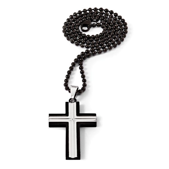 Chisel Stainless Steel Polished Black IP-plated Edges with CZ Cross  Pendant on a 30 inch Ball Chain Necklace