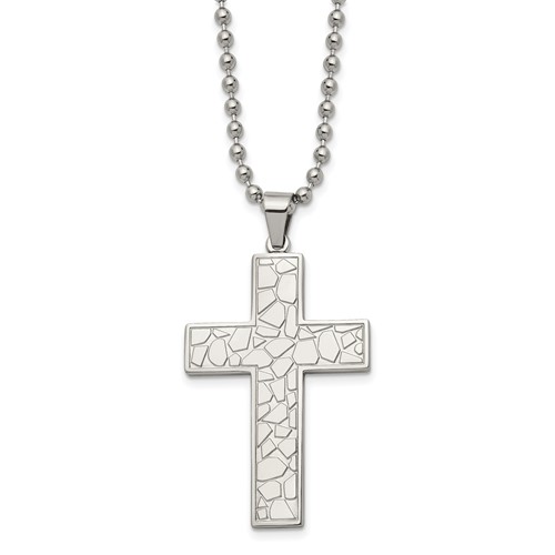 Chisel Stainless Steel Polished and Textured Cross Pendant on a Ball Chain Necklace, 24"