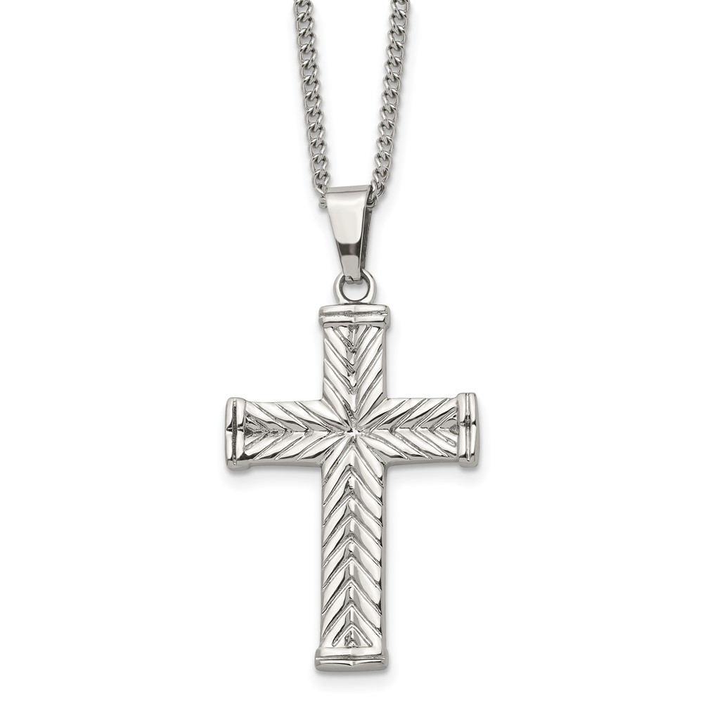 Stainless Steel Polished and Textured Cross 22in Necklace