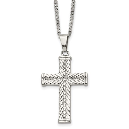 Chisel Stainless Steel Polished and Textured Cross Pendant on a Curb Chain Necklace, 22"