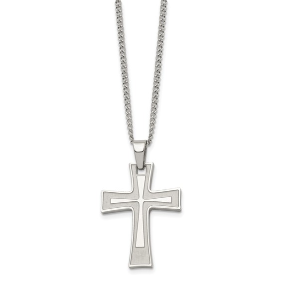 Chisel Stainless Steel Brushed and Polished Cross Pendant on a 24 inch Cable Chain Necklace