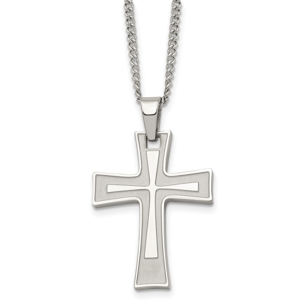 Stainless Steel Brushed and Polished Cross 24in Necklace