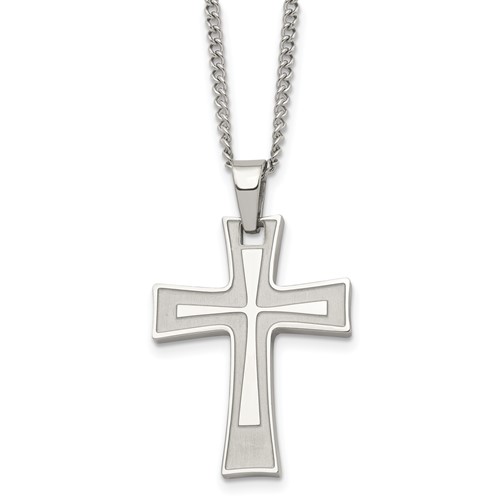 Chisel Stainless Steel Brushed and Polished Cross Pendant on a Cable Chain Necklace, 24"