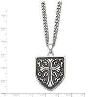 Chisel Stainless Steel Antiqued Polished and Textured Cross Shield Pendant on a Curb Chain Necklace, 24" view 3