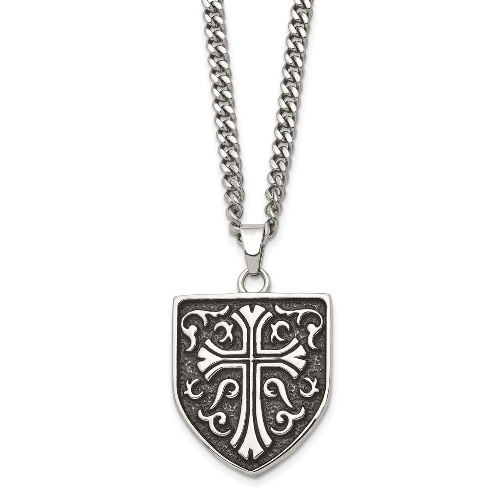Stainless Steel Antiqued Polished & Textured Cross Shield 24in Necklace