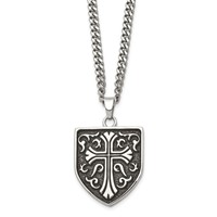 Chisel Stainless Steel Antiqued Polished and Textured Cross Shield Pendant on a Curb Chain Necklace, 24" view 1