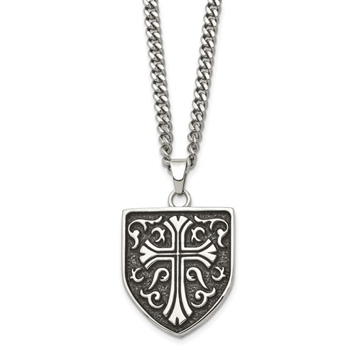 Chisel Stainless Steel Antiqued Polished and Textured Cross Shield Pendant on a Curb Chain Necklace, 24"