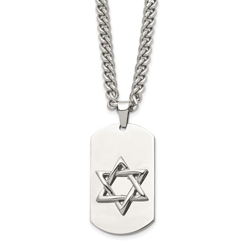 Chisel Stainless Steel Polished Star of David Dog Tag on a Curb Chain Necklace, 24"
