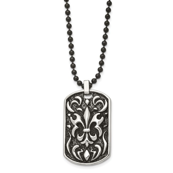 Stainless Steel Antiqued and Polished Black IP Fleur de lis Dog Tag Necklac