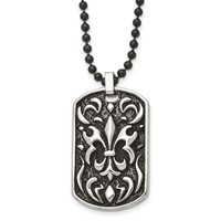 Stainless Steel Antiqued and Polished Black IP Fleur De Lis Dog Tag Necklac view 1
