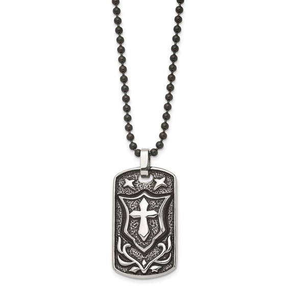 Chisel Stainless Steel Antiqued Polished and Textured Cross Shield Dog Tag on a 24 inch Ball Chain Necklace