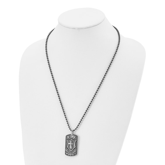 Chisel Stainless Steel Antiqued Polished and Textured Cross Shield Dog Tag on a 24 inch Ball Chain Necklace