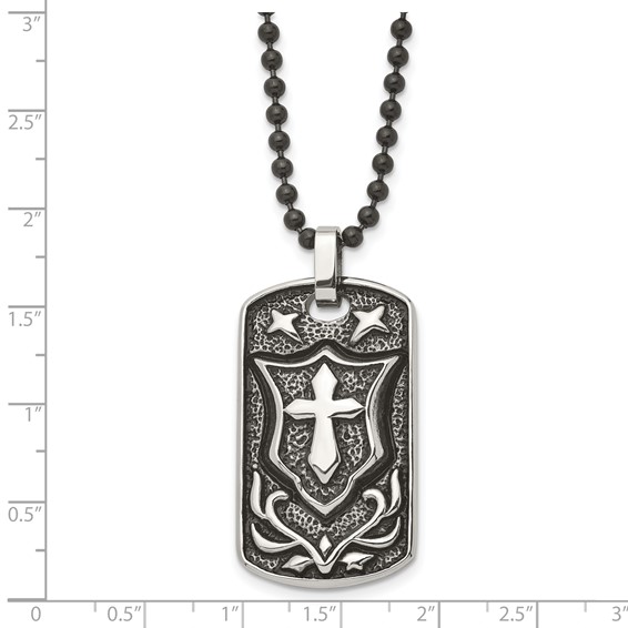 Chisel Stainless Steel Antiqued Polished and Textured Cross Shield Dog Tag on a 24 inch Ball Chain Necklace
