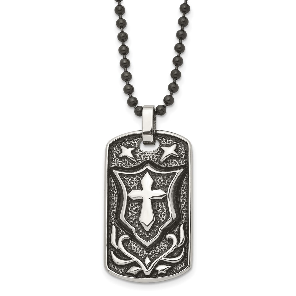 Stainless Steel Antiqued Polished & Textured Cross Dog Tag 24in Necklace