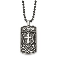 Chisel Stainless Steel Antiqued Polished and Textured Cross Shield Dog Tag on a Ball Chain Necklace, 24" view 1