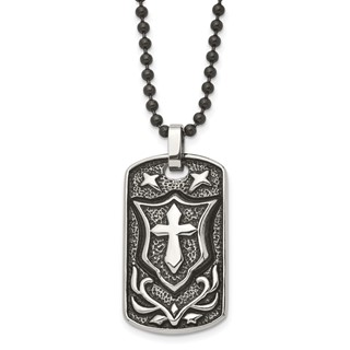 Chisel Stainless Steel Antiqued Polished and Textured Cross Shield Dog Tag on a 24 inch Ball Chain Necklace