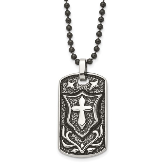 Chisel Stainless Steel Antiqued Polished and Textured Cross Shield Dog Tag on a 24 inch Ball Chain Necklace