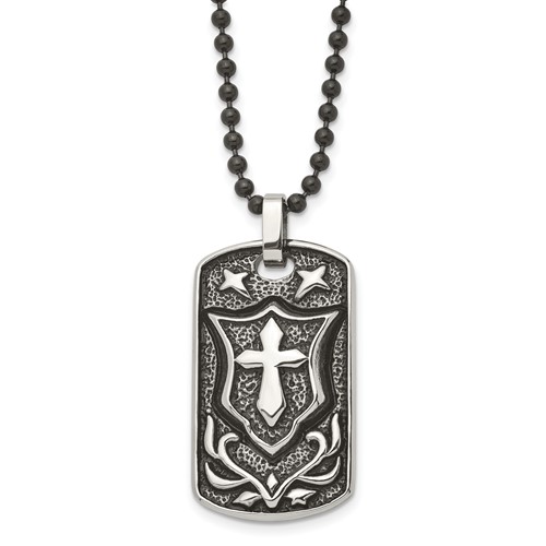 Chisel Stainless Steel Antiqued Polished and Textured Cross Shield Dog Tag on a Ball Chain Necklace, 24"