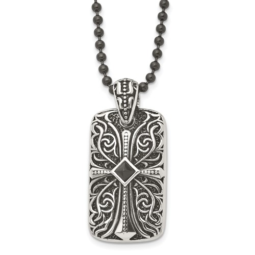 Stainless Steel Antiqued and Polished with Black Agate Cross DogTag Neckl, 30"