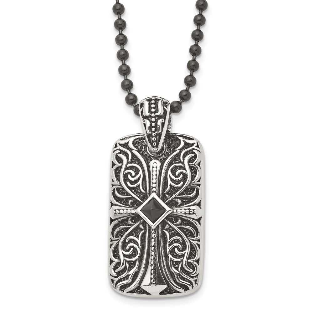 Stainless Steel Antiqued and Polished w/Black Agate Cross DogTag 30in Neckl