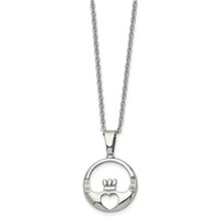 Chisel Stainless Steel Polished Necklace with CZ Claddagh Pendant on a Cable Chain, 20" view 3
