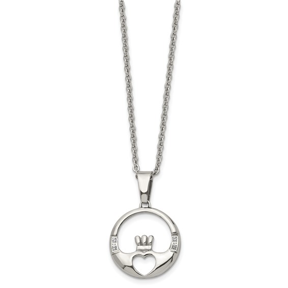 Chisel Stainless Steel Polished with CZ Claddagh Pendant on a 20 inch Cable Chain Necklace
