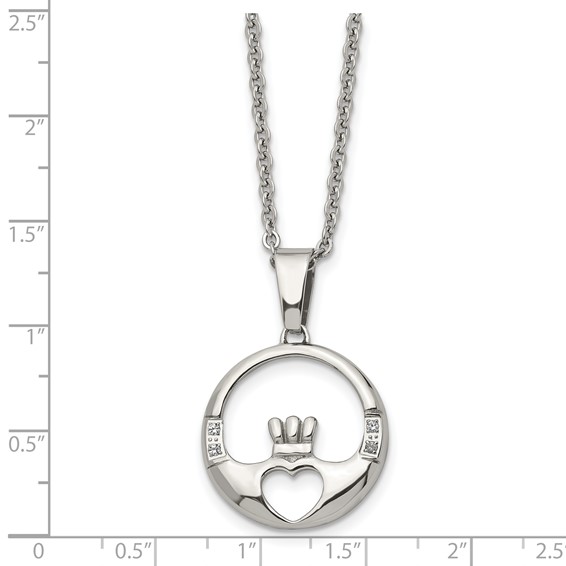 Chisel Stainless Steel Polished with CZ Claddagh Pendant on a 20 inch Cable Chain Necklace