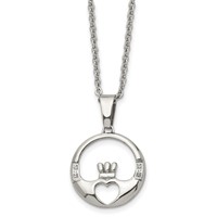 Chisel Stainless Steel Polished Necklace with CZ Claddagh Pendant on a Cable Chain, 20" view 1