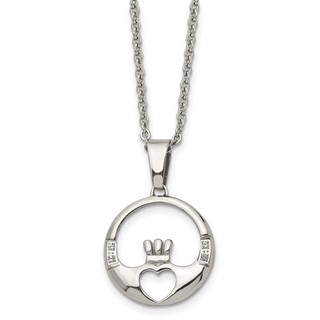 Chisel Stainless Steel Polished with CZ Claddagh Pendant on a 20 inch Cable Chain Necklace