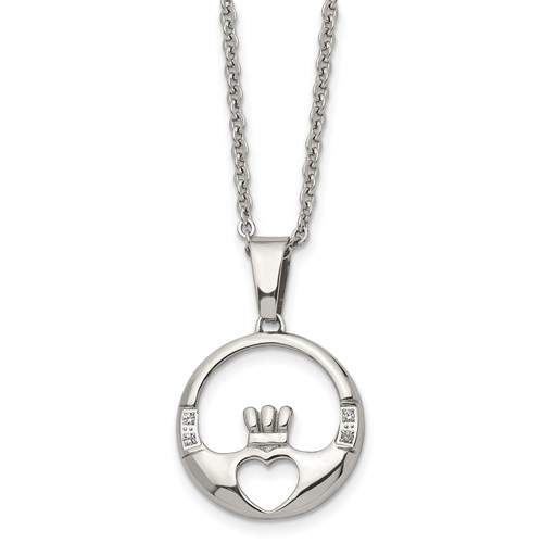 Chisel Stainless Steel Polished Necklace with CZ Claddagh Pendant on a Cable Chain, 20"
