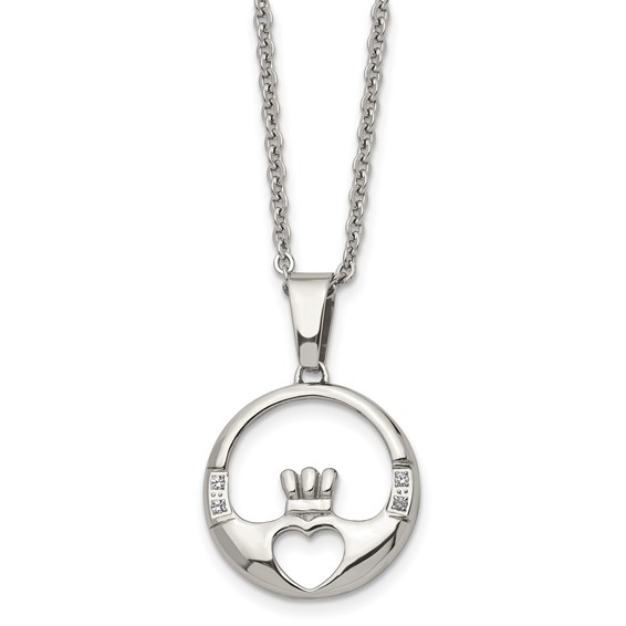 Chisel Stainless Steel Polished with CZ Claddagh Pendant on a 20 inch Cable Chain Necklace