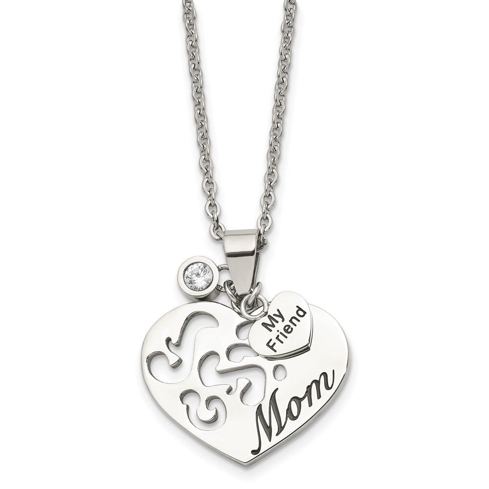 Stainless Steel Antiqued & Polished Enameled w/CZ MOM/FRIEND Necklace