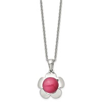 Chisel Stainless Steel Polished Flower Necklace with Pink Cat's Eye Pendant on an Cable Chain, 18" view 3