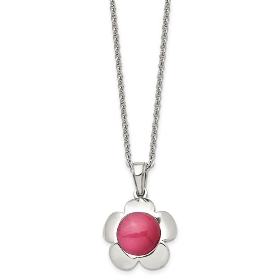 Chisel Stainless Steel Polished Flower with Pink Cat's Eye Pendant on an 18 inch Cable Chain Necklace