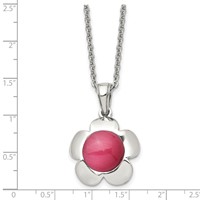 Chisel Stainless Steel Polished Flower Necklace with Pink Cat's Eye Pendant on an Cable Chain, 18" view 5
