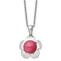 Chisel Stainless Steel Polished Flower Necklace with Pink Cat's Eye Pendant on an Cable Chain, 18" view 1