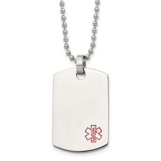 Chisel Stainless Steel Polished with Red Enamel Medical ID Dog Tag on a 24 inch Ball Chain Necklace